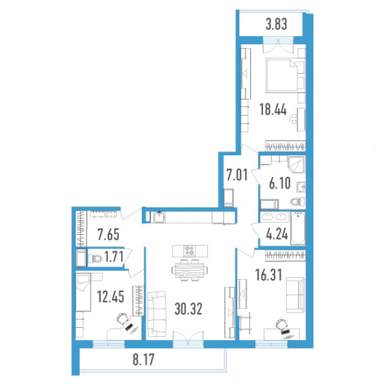 Трёхкомнатная квартира 110.23 м²