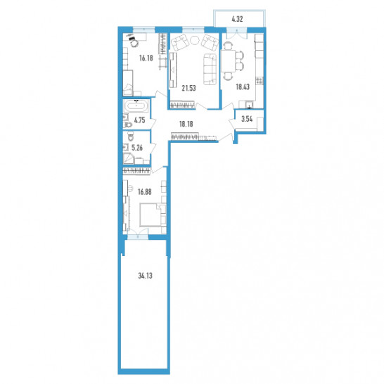 Трёхкомнатная квартира 116.29 м²
