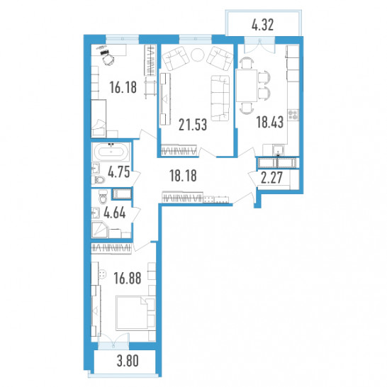 Трёхкомнатная квартира 106.06 м²
