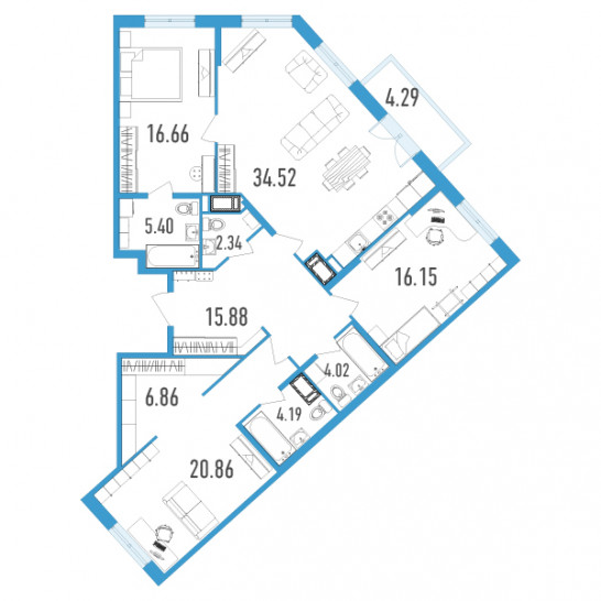 Трёхкомнатная квартира 128.17 м²