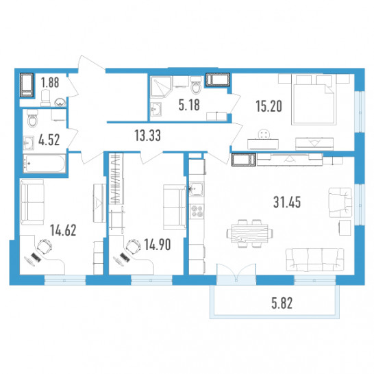 Трёхкомнатная квартира 102.83 м²