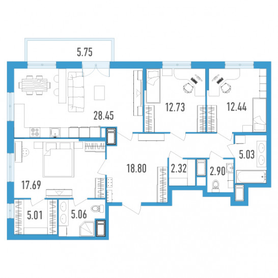 Трёхкомнатная квартира 112.16 м²