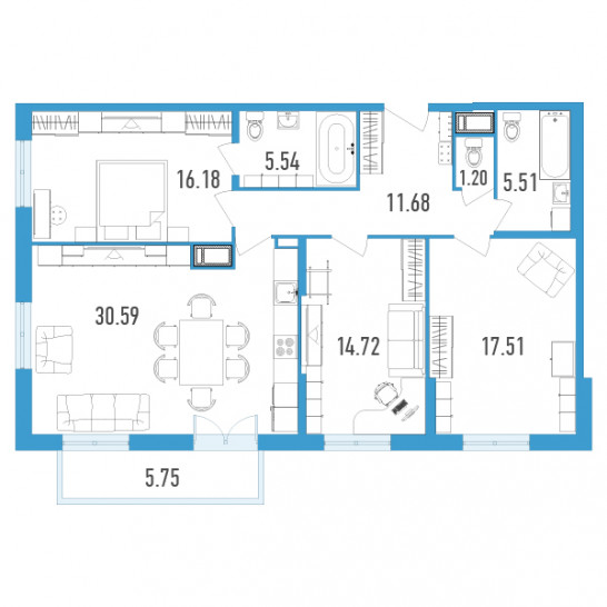 Трёхкомнатная квартира 104.66 м²